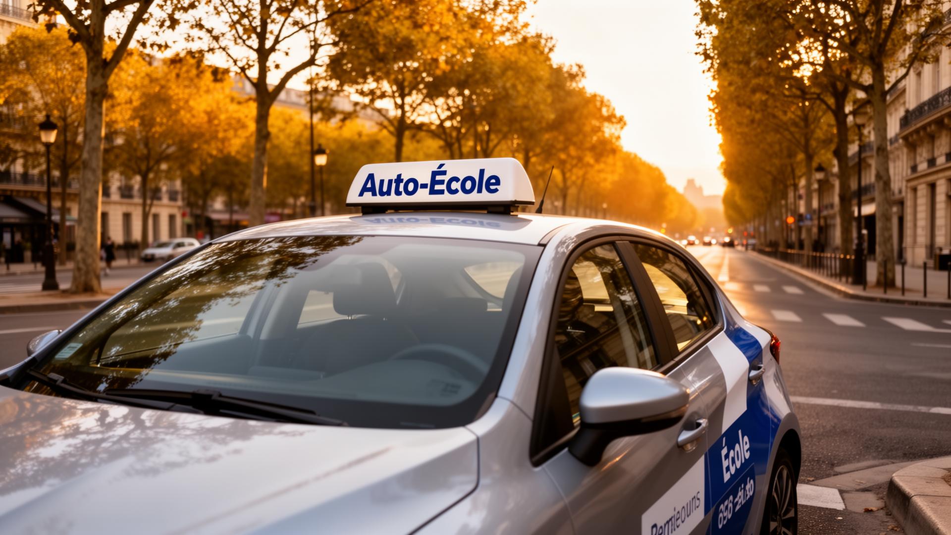 Véhicule auto-école stationné sur un boulevard parisien