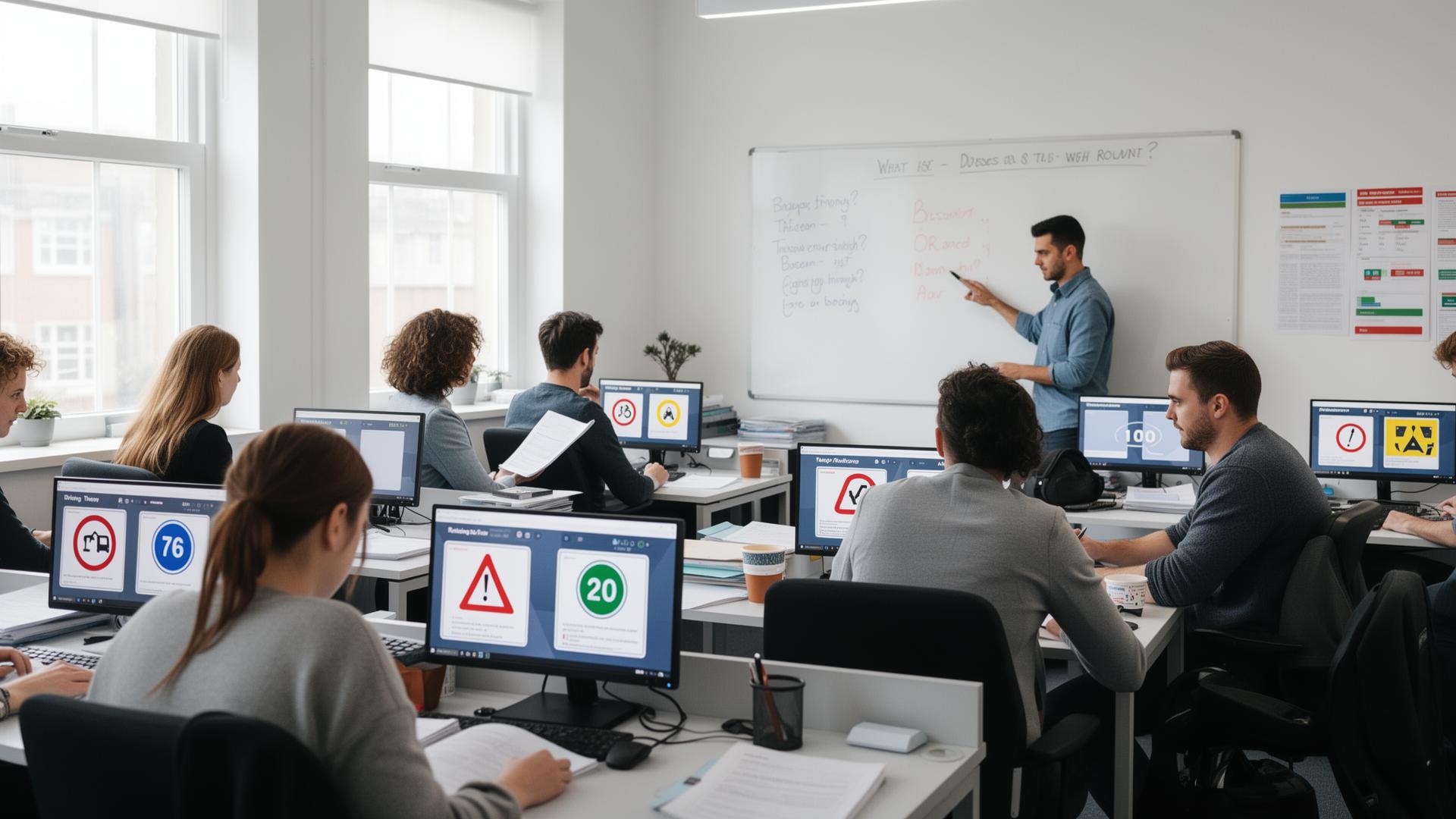 Cours de code de la route dans une salle équipée